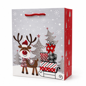 Individuelle Logo Weihnachts-Kraftpapier-Geschenktüten Großhandel Rentier- und Weihnachtsmann-Muster Festliche Verpackungstaschen mit Griffen - Product Image 1