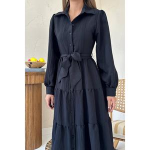 Vestido Negro con Cinturón, Corte en A, Cuello Redondo, Tejido, Uso Diario Informal, Cintura Natural, Lavable - Product Image 2