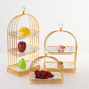 Alas Kue Berbentuk Sangkar Burung Logam Emas Romantis dengan 2 dan 3 Tingkat Piring Keramik untuk Acara Hari Valentine - Product Image 5