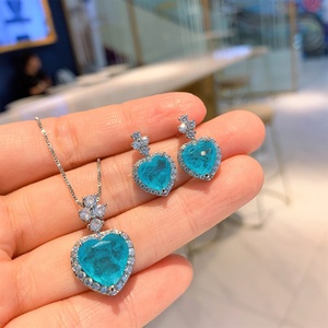 Fashion Eco-friendly Copper 10*14MM Blue Zircon Romantic Necklace and <b>Earrings</b> <b>Set</b> Heart Shape Jewelry <b>Set</b> With Zircon for Women - Product Image 5