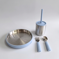 Ensemble de 3 pièces en acier inoxydable 304 et silicone pour enfants, comprenant assiette, tasse et couverts, sans BPA, anti-fuite