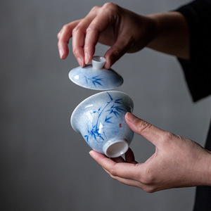 Chinese Underglaze Blue Hand-Painted Bamboo Gaiwan Porcelain <b>Tea</b> <b>Set</b> With Lid Kung Fu <b>Tea</b> Bowl Single Piece - Product Image 1