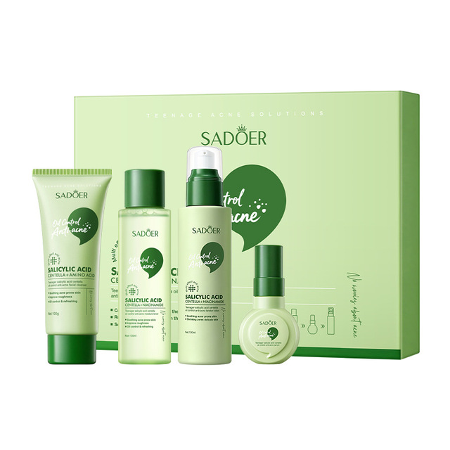 Teenager Salicylic Acid Centella Anti-Acne 4Pcs Skin Care Set .Facial Cleanser Serum Toner Lotion for Oily Acne Prone Skin
