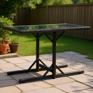 <b>Black</b> Patio Table 43.3x20.9x28.3 In Glass Top Poly Rattan <b>Frame</b> Outdoor Use Contemporary Design - Product Image 2