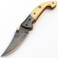 Couteau pliant de poche artisanal en acier Damas ZR809, multi-usages, survie/camping, manche en bois/os/résine