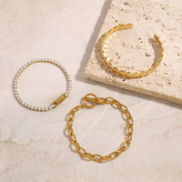 Ensemble de bracelets et joncs en acier inoxydable massif plaqué or, style coquillage de plage estival, avec chaîne tennis, pour femme