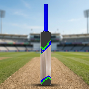 Batte de cricket moderne en bois, légère, ambidextre, noire avec poignée bleue et motif rayé vert, équipement sportif d'entraînement - Product Image 4