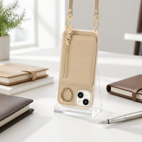 Casing Ponsel Dompet Kulit Elektroplating untuk iPhone 15, Anti Benturan, Tali Selempang, Tempat Kartu, Kantong Koin Resleting, Penyangga Cincin