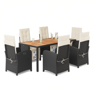 Conjunto de Comedor de Jardín de Ratán Negro, 6 Plazas, Reposapiés Ajustable, Muebles de Exterior de Estilo Contemporáneo, Mesa de Madera Maciza - Product Image 1
