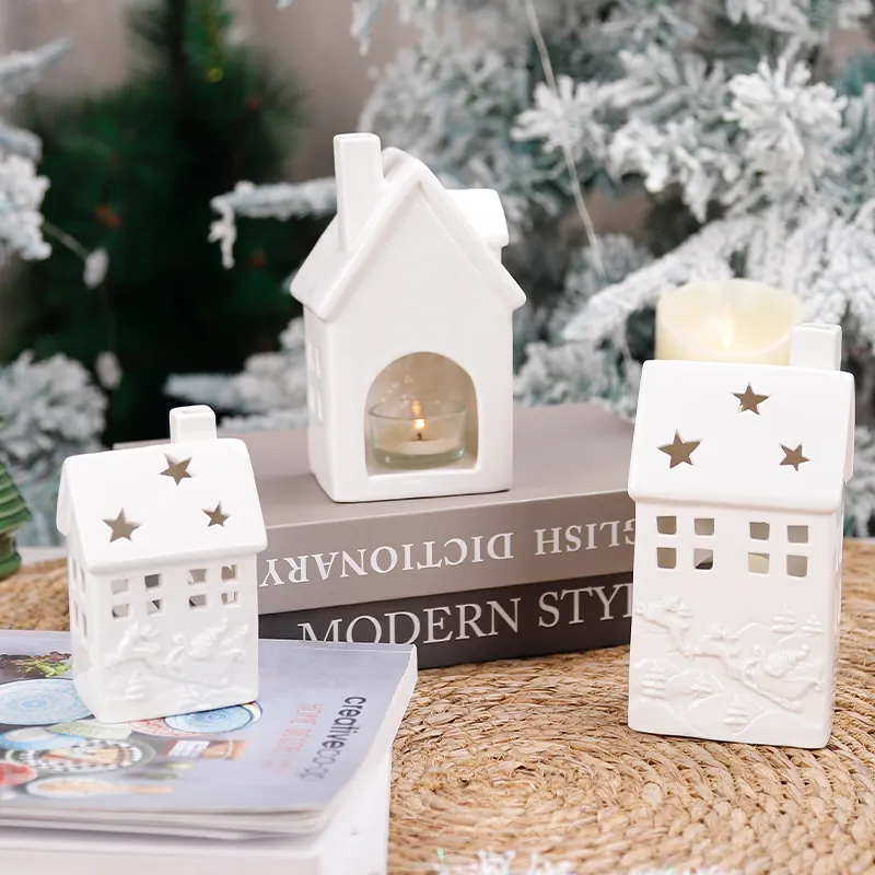 Redeco Christmas Series Creative White Christmas Embossed House Decorations Ceramic House Ornaments For Gifts Home Decor