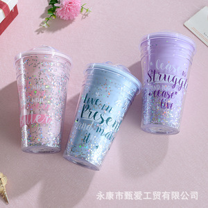 Creative NIS Double Layer Star Plastic Cup With Sliding Lid Glitter Straw Party Drinkware 2 Piece Set - Product Image 5