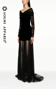 <span class=keywords><strong>Alta</strong></span> <span class=keywords><strong>costura</strong></span> moda señoras nuevo diseño tafetán 100% seda hasta el suelo manga larga cuello en V sirena silueta vestido - Product Image 3