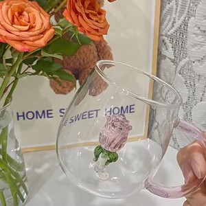 Tazza di vetro rosa 3D con manico per la colazione della famiglia tazza per il succo di caffè chiaro tazza di tè carino latte Copas De <span class=keywords><strong>Cristal</strong></span> De Colore - Product Image 2