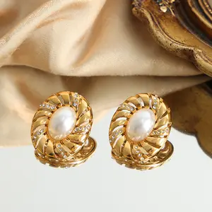 Antique Luxurious Earrings Women Jewelry 18k Gold Plated Stainless Steel Inlaid With Oval Imitation Pearl Czech Stone Earrings