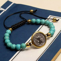 Vintage En Acier Inoxydable Saint Benoît Charme Or Argent Tissage Religieux Bracelet Médailles Catholiques Pulsera Catolica Turquoise