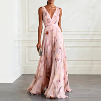 Robe longue d'été élégante et décontractée pour femme, col en V profond, imprimé floral tulipe, sans manches, taille haute, coupe trapèze, longueur ras du sol