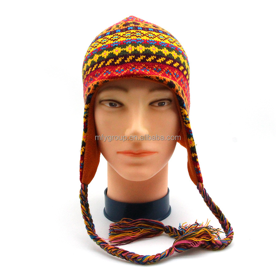 Women's Winter Beanie Hat With Ear Flaps & Faux Fur Pom Pom - Knit Plaid Design, Beige, One Size - View #6
