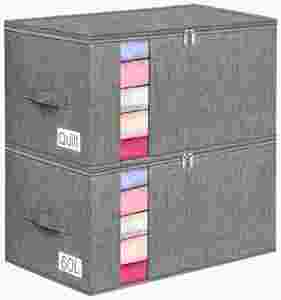 60L Durable Linen Storage Bag Rigid Support Stackable for Blankets Clothes Bedding <b>Quilts</b> Pillows 21.7x14.2x11.8in 2-Pack Gray - Product Image 1