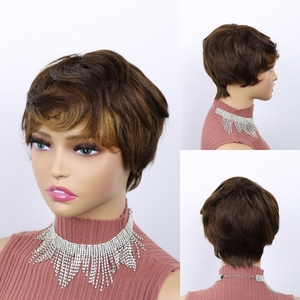 Parrucca economica con capelli umani a Bob corti con <span class=keywords><strong>frangetta</strong></span> <span class=keywords><strong>bionda</strong></span> Highlight naturale capelli ondulati parrucca senza lacci vera colla a taglio Pixie - Product Image 3