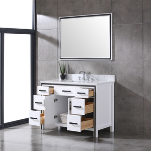 Industrial <b>White</b> Wooden Freestanding Bathroom Vanity Marble Wash Basin Cabinet with Black <b>Frame</b> <b>Mirror</b> Home Hotel Use - Product Image 6