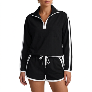 Ensemble veste coupe-vent légère à demi-zip et short pour femme, ensemble de sport décontracté 2 pièces, survêtement premium pour femme - Product Image 1