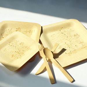 Disposable Bamboo Plates Square 1.5MM Thickness Customizable Pattern Takeaway Cutlery Set - Product Image 1