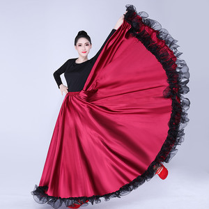 Jupe de danse flamenco pour femme, en satin, grande jupe longue <span class=keywords><strong>maxi</strong></span> évasée, taille élastique, en tulle noir avec ourlet à volants, pour spectacle de corrida espagnole, pour adultes - Product Image 1