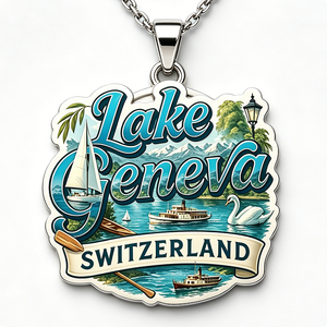 Pendentif souvenir du lac Genève, Suisse, en alliage de zinc plaqué argent, émail dur, forme irrégulière, impression numérique, artisanat métallique - Product Image 6