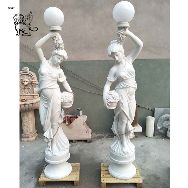 BLVE Outdoor Handcarved Life Size Garden Decoration Lamp Sculpture Marble Lady Statue with Lamps