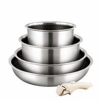 Ensemble de 5 casseroles et poêles en acier inoxydable à 3 couches avec poignée amovible, couvercles en verre, empilables, motif nid d'abeille, compatibles induction et four