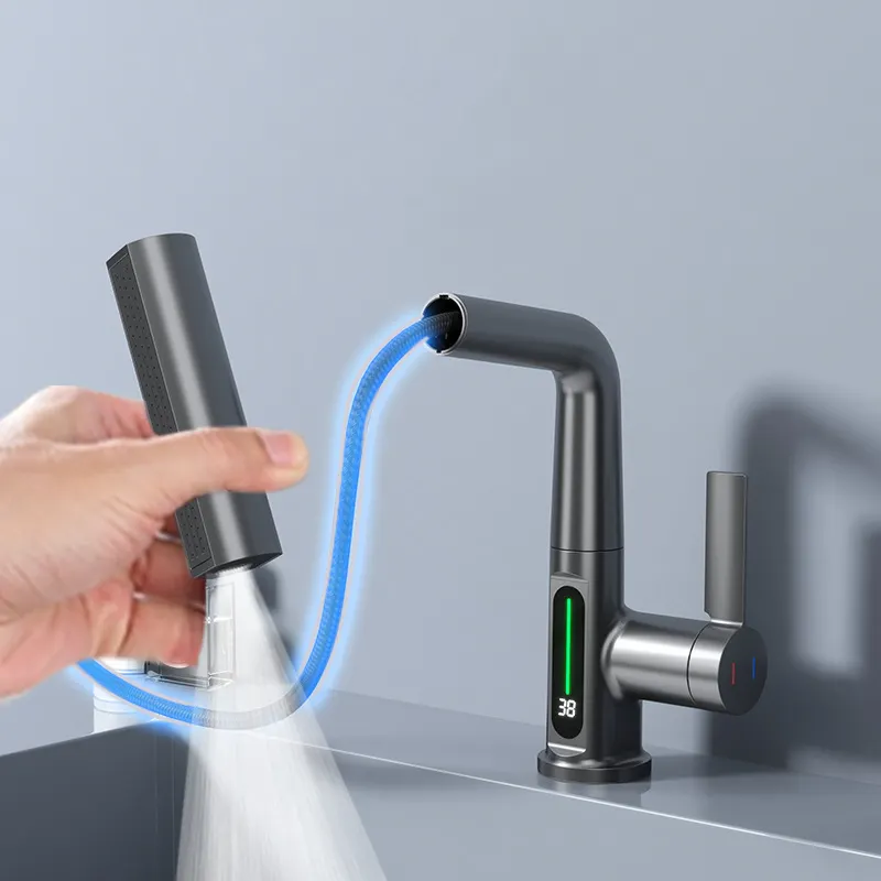 Pexmax Digital Display Bathroom Waterfall Face Basin Faucet Water Faucet Brass Single Hole Basin Faucet
