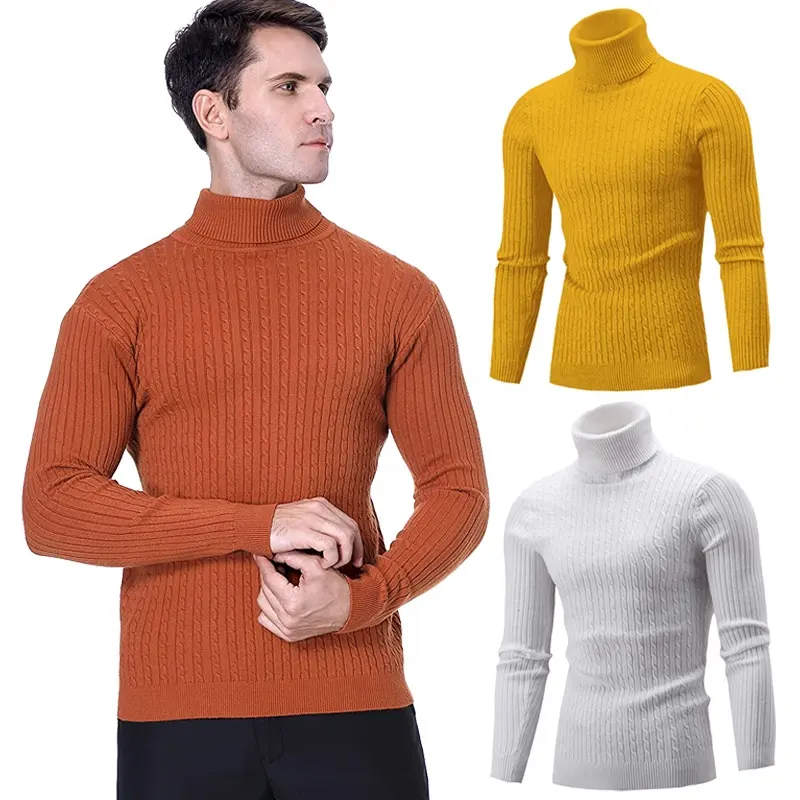 Mens Sweaters Slim Fit Turtleneck Ribbed Top Warm Twist Knit Pullover Thick Knitwear Autumn Winter Clothing Black Sweater