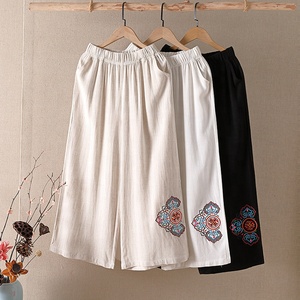<span class=keywords><strong>Pantalones</strong></span> de Lino y Algodón Bordados de Estilo Folclórico para <span class=keywords><strong>Mujer</strong></span>, Suministro de Fábrica, <span class=keywords><strong>Pantalones</strong></span> Anchos de Color Liso, Transpirables y Cómodos para Vacaciones de Verano - Product Image 1