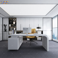 Bureau de direction en forme de L, sur mesure, mobilier de bureau de direction haut de gamme, plateau en marbre blanc, bureau et armoire