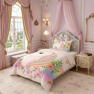 Single Size Unicorn <strong>Duvet</strong> Cover Set Rainbow Unicorn Print Bedding Set for <strong>Toddler</strong> Girls - Product Image 2