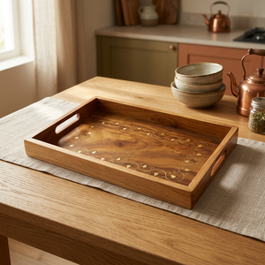 Plateau de service en bois artisanal moderne, motif floral, léger, rectangulaire, avec incrustation d'os et poignée découpée, pour table basse et maison - Product Image 3