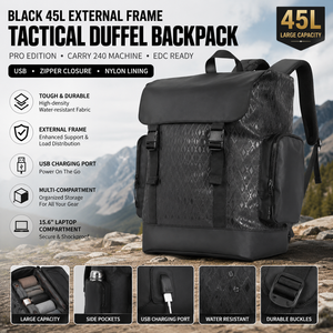 Sac à dos polochon tactique à cadre externe noir 45L avec fermeture à glissière USB doublure en nylon Pro Edition Carry 240 Machine EDC - Product Image 1