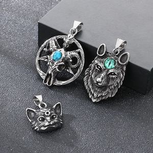 Retro turquesa <span class=keywords><strong>estrella</strong></span> <span class=keywords><strong>de</strong></span> cinco puntas <span class=keywords><strong>Satan</strong></span> Ram accesorio vikingo oso pata gato ojo piedra Lobo cabeza colgante <span class=keywords><strong>de</strong></span> acero inoxidable collar - Product Image 5