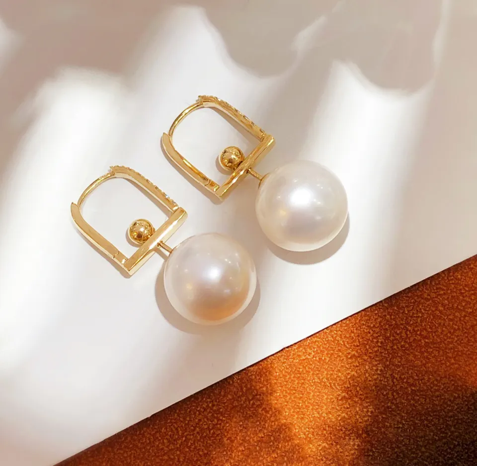 18k Solid Real Gold Natural Pearl Dangle Earrings Women 10mm Round Freshwater Pearl Drop Diamond Earrings