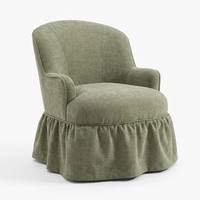 Fauteuil d'appoint carré moderne écologique vert sauge avec accoudoirs roulés, base à jupe plissée, siège rembourré épais et éponge capitonnée