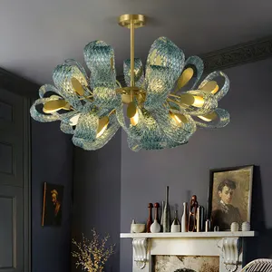 Nordic light luxury style brass living room bedroom villa vintage blue flower glass chandelier