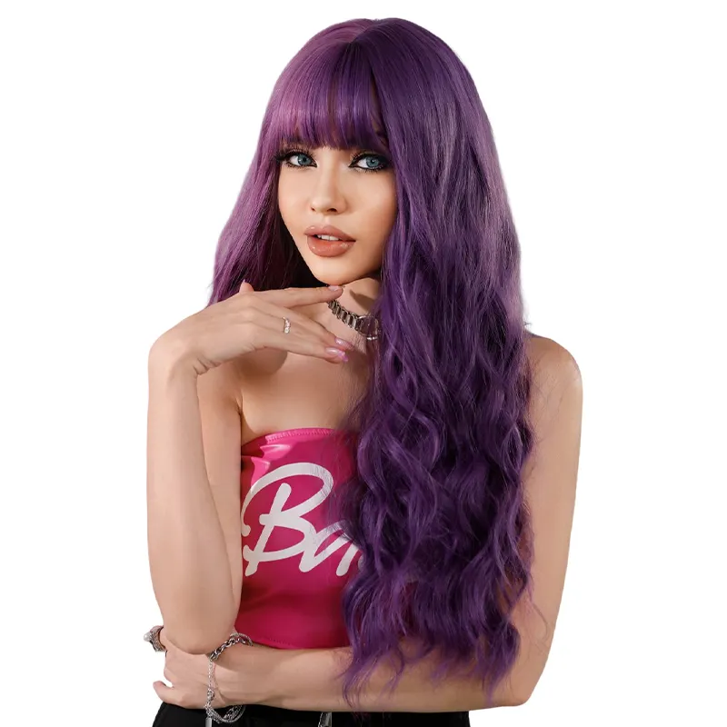 Cosplay Wig Factory Outlets Dark Purple Light Purple Devil Wig With Bangs Long Curly Women Hair Wig Synthetic Heat Resistant