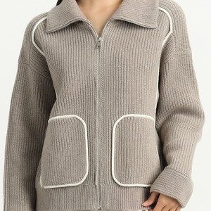 Áo khoác cardigan len dệt kim nữ cổ điển kẻ sọc có khóa kéo, chất liệu len 100%, dày dặn, ấm áp, có túi - Product Image 5