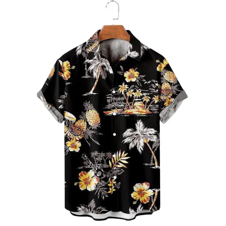 Camisas masculinas de manga curta, abacaxi casual, estampa floral, camisa para praia e férias, slim, camisa havaiana para homens