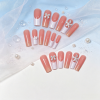 Lot de 24 faux ongles longs carrés à presser, rose nude, style français, avec nœud 3D argenté et fleurs en strass, pour manucure DIY