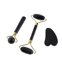 Ensemble de masseur facial en jade noir en trois parties avec rouleau et bâton de massage pour le visage