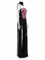 Robe de soirée noire à sequins floraux LF2679 pour femme, avec franges et fente haute, robe de cérémonie de luxe