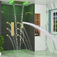 Système de douche thermostatique Homedec, jet pluie/cascade, pomme de douche 2-en-1, 6 jets, LED, finition or brossé, laiton, acier inoxydable