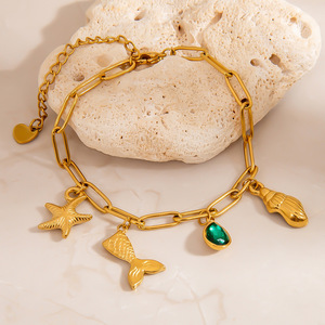 Bracelet en acier inoxydable thème océan, en forme de cœur et d'étoile, avec breloques étoile de mer et queue de poisson en pierre verte, serti clos, bijoux pour femme - Product Image 2