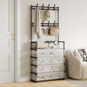 Étagère à chaussures et chapeaux en métal à 5 niveaux avec housse anti-poussière, organisateur de chaussures, étagère de rangement pour manteaux et vêtements pour entrée, salon, usage domestique - Product Image 1